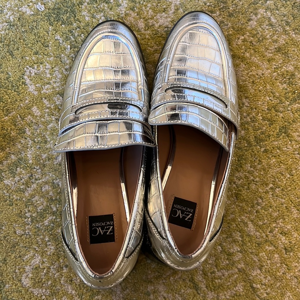 Silver croc embossed loafers